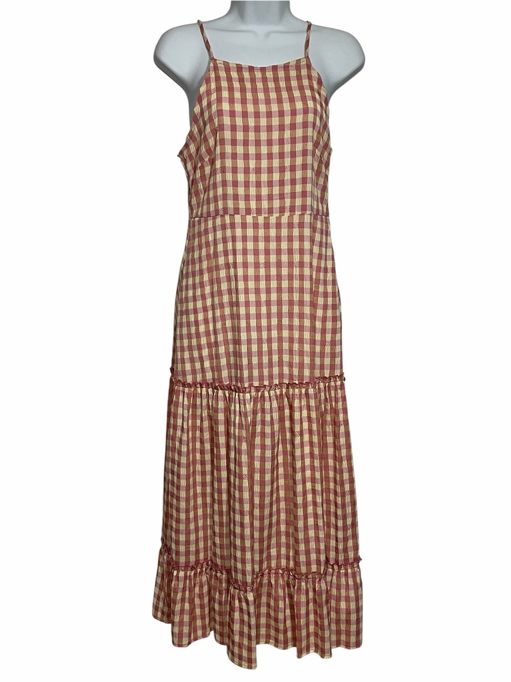 Nanette Lepore Pink Yellow Gingham Maxi Sundress Size 2 Summer Prairie Boho
